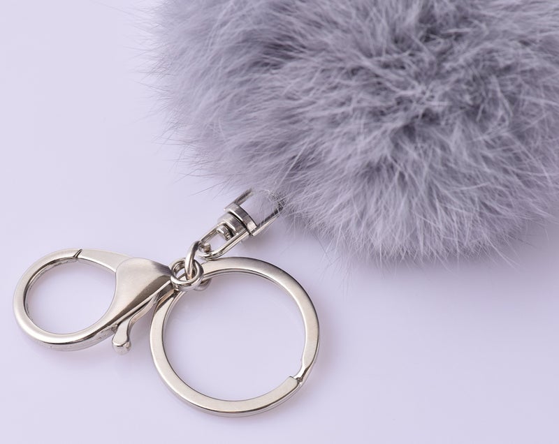 Cityelf Cute Faux Rabbit Fur Ball Pom Pom Keychain Car Key Ring Handbag Tote Bag Pendant Purse Charm (Grey) - Image 4